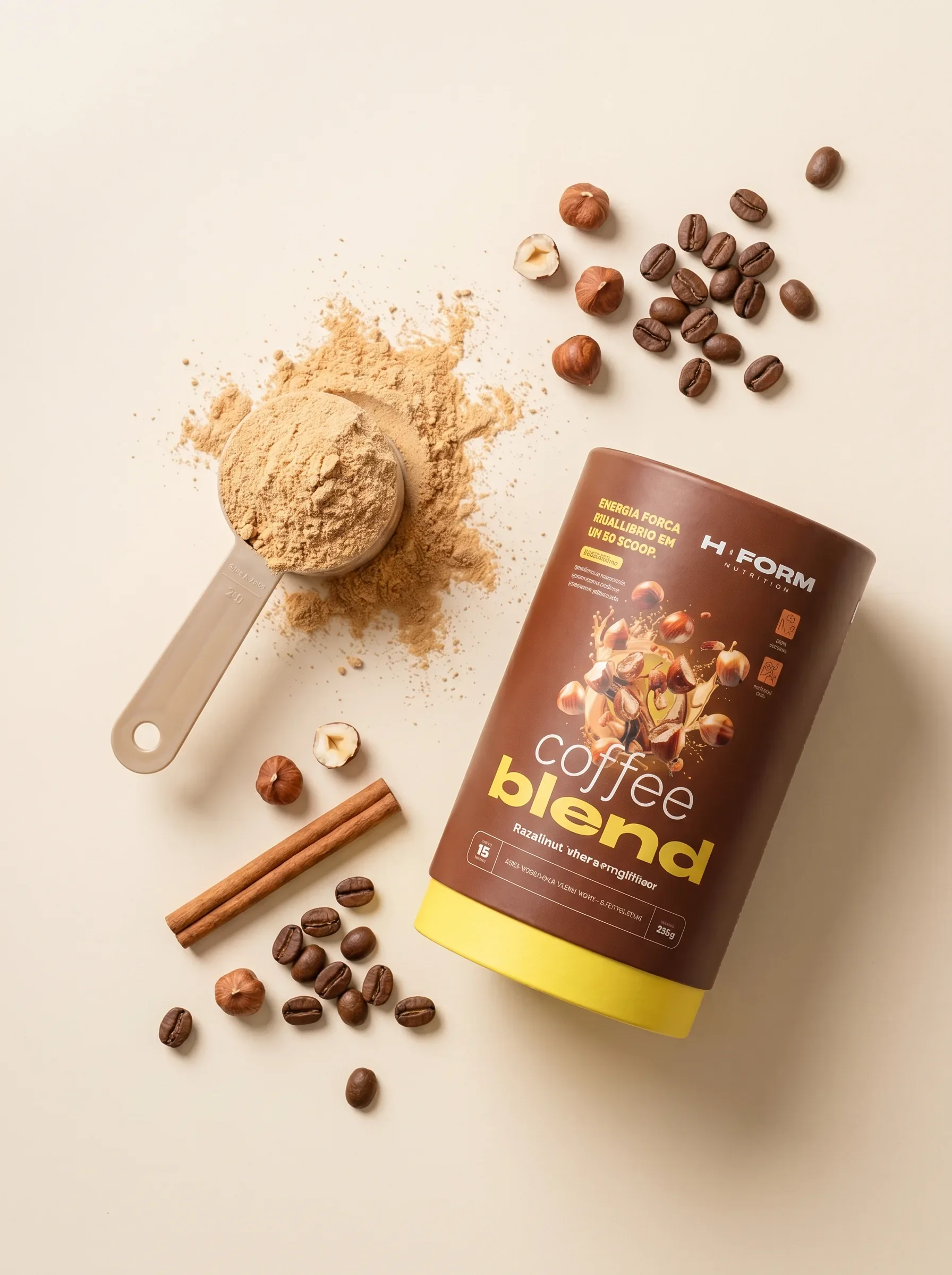 Fórmula Coffee Blend - scoop, pó e avelãs