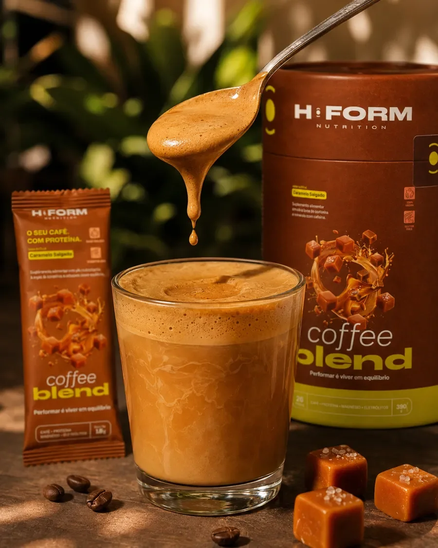 Colher mexendo o Coffee Blend cremoso no copo
