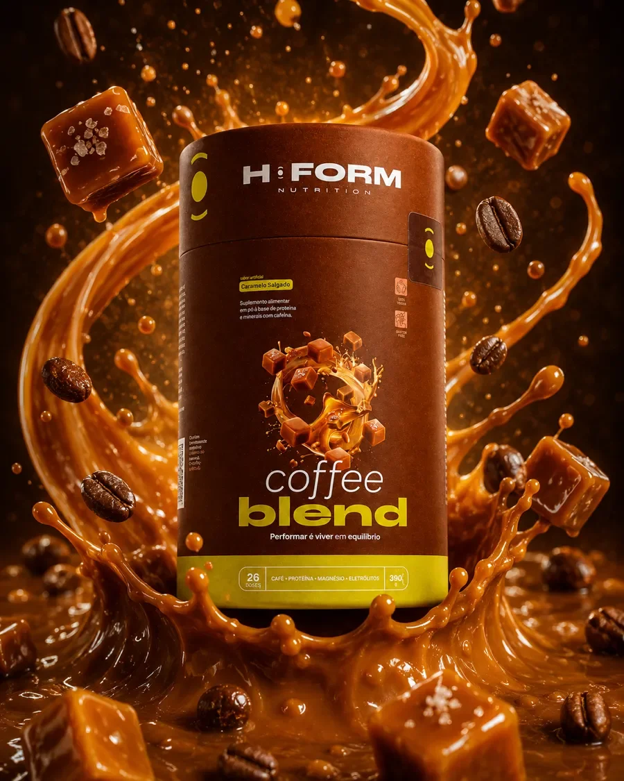 Pote de Coffee Blend sabor caramelo salgado entre respingos de café