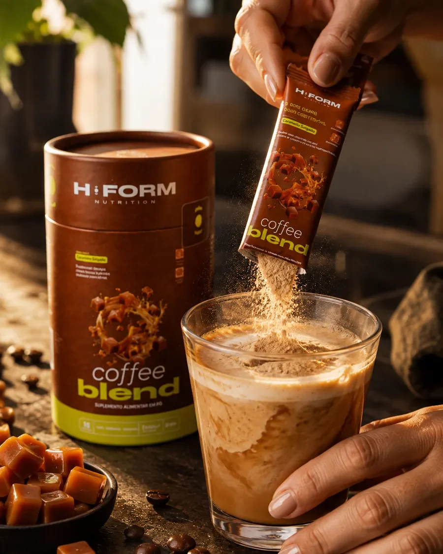 Mão despejando um sachê de Coffee Blend no copo